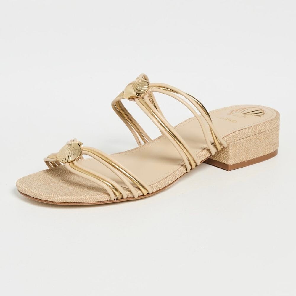 Larroudé Shelly Mule Sandal Strappy Leather Beige Gold Seashell Accent Size 7 - Picture 2 of 16